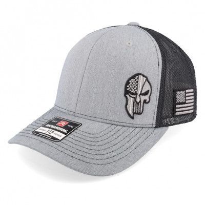 Army Head - Grå trucker Keps - Army Skull Usa Heather Grey/Black Trucker @ Hatstore