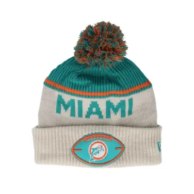 New Era - NFL Beige pom Beanie - Miami Dolphins NFL24 Sideline His Sportknit Stone/Teal Pom @ Hatstore
