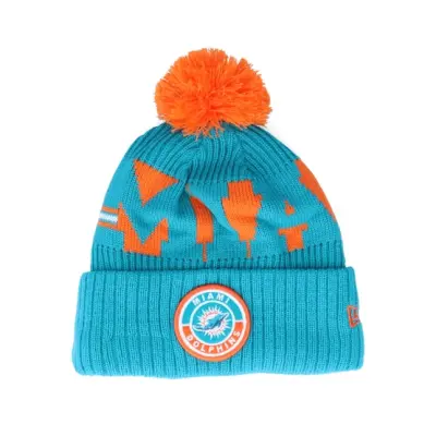 New Era - NFL Blå pom Beanie - Miami Dolphins NFL 20 On field Sport Knit OFC Teal Pom @ Hatstore