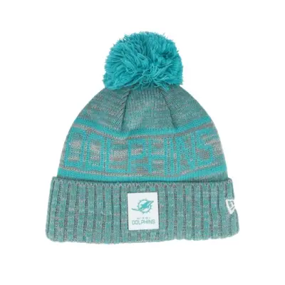 New Era - NFL Grön pom Beanie - Miami Dolphins NFL 25 Sideline Cold Weather Sport Knit Teal/Grey Pom @ Hatstore