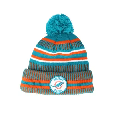 New Era - NFL Grön pom Beanie - Miami Dolphins On Field 19 Sport Knit 2 Teal/Orange Pom @ Hatstore