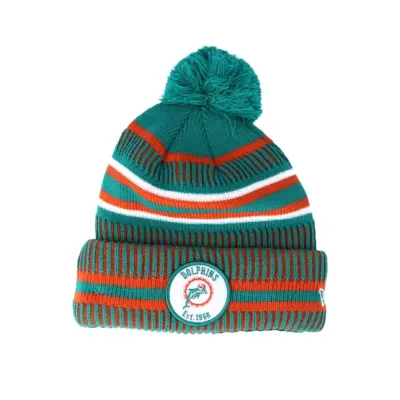 New Era - NFL Grön pom Beanie - Miami Dolphins On Field 19 Sport Knit 3 Teal/Orange Pom @ Hatstore