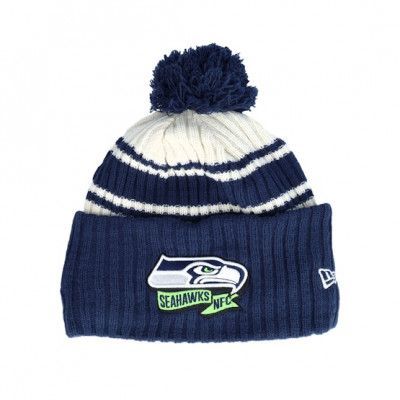 New Era - NFL Blå pom Beanie - Seattle Seahawks NFL22 Sideline Sportknit Navy Pom @ Hatstore