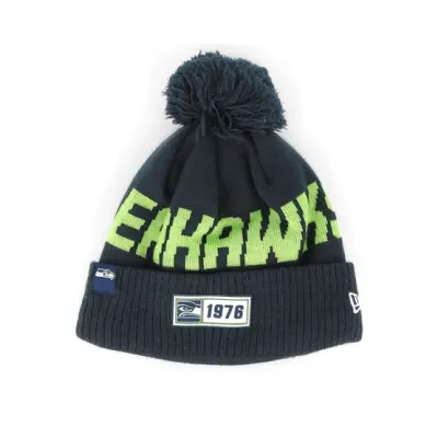 New Era - NFL Blå pom Beanie - Seattle Seahawks On Field 19 Sport Knit Navy/Green Pom @ Hatstore