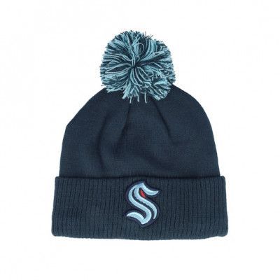 Adidas - NHL Blå pom Beanie - Seattle Kraken NHL CuffBeanie Night Navy Pom @ Hatstore