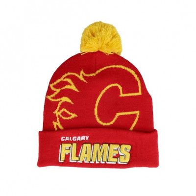 Mitchell&Ness - NHL Röd pom Beanie - Calgary Flames Punch Out Knit Red Pom @ Hatstore
