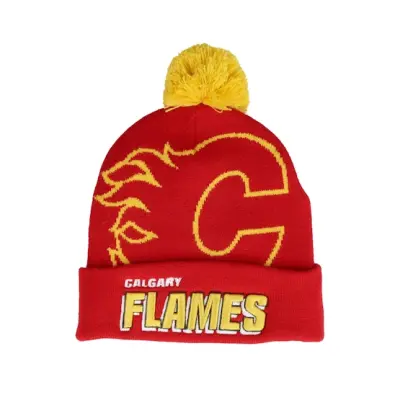Mitchell&Ness - NHL Röd pom Beanie - Calgary Flames Punch Out Knit Red Pom @ Hatstore