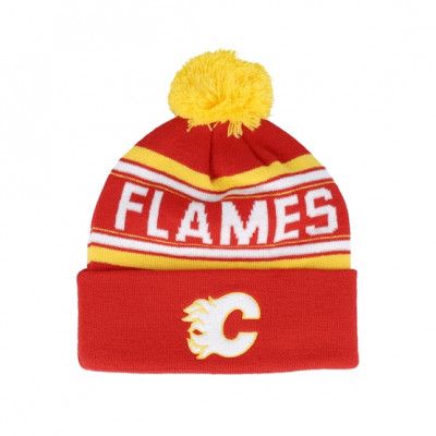 Outerstuff - NHL Röd pom Beanie - Kids Calgary Flames Jacquard Cuff Beanie Red Pom @ Hatstore