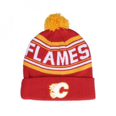 Outerstuff - NHL Röd pom Beanie - Kids Calgary Flames Jacquared Knit University Red Pom @ Hatstore
