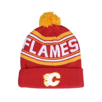 Outerstuff - NHL Röd pom Beanie - Kids Calgary Flames Jacquared Knit University Red Pom @ Hatstore