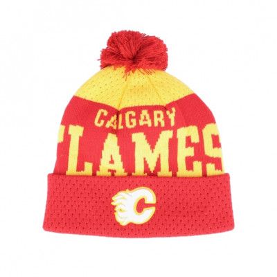 Outerstuff - NHL Röd pom Beanie - Kids Calgary Flames Stretchark Knit Red/Yellow Pom @ Hatstore