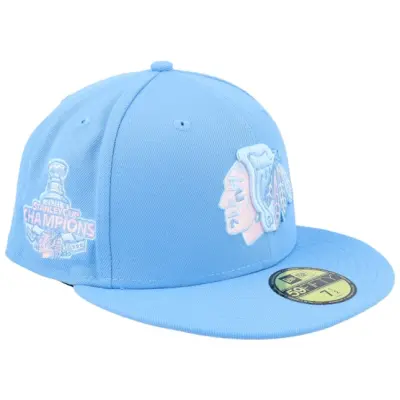 New Era - NHL Blå fitted Keps - Chicago Blackhawks Stanley Cup Champions 10 59FIFTY Sky Blue/Pink Fitted @ Hatstore
