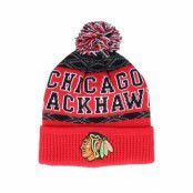 Outerstuff - NHL Röd pom Beanie - Kids Chicago Blackhawks Puck Pattern Cuffed Red/Black Pom @ Hatstore