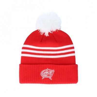 Adidas - NHL Röd pom Beanie - Columbus Blue Jackets 3-Stripe Cuffed Red Pom @ Hatstore