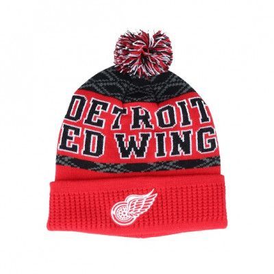 Outerstuff - NHL Röd pom Beanie - Kids Detroit Red Wings Puck Pattern Cuffed Red/Black Pom @ Hatstore