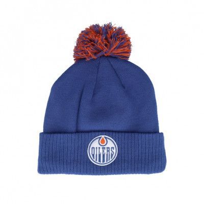 Adidas - NHL Blå pom Beanie - Edmonton Oilers NHL Cuff Beanie Dark Blue Pom @ Hatstore