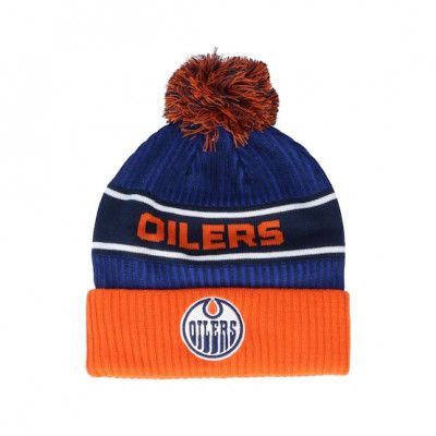 Fanatics - NHL Blå pom Beanie - Edmonton Oilers Authentic Pro Locker Room Blue/Orange Pom @ Hatstore