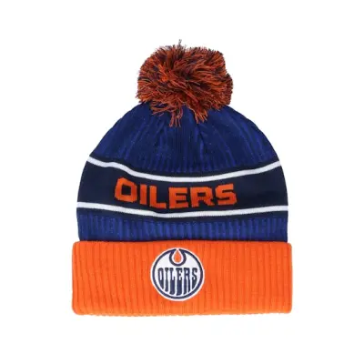 Fanatics - NHL Blå pom Beanie - Edmonton Oilers Authentic Pro Locker Room Blue/Orange Pom @ Hatstore