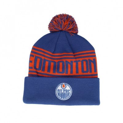 Fanatics - NHL Blå pom Beanie - Edmonton Oilers Cuffed Blue/Dark Orange Pom @ Hatstore