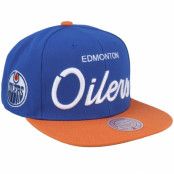 Mitchell&Ness - NHL Blå snapback Keps - Edmonton Oilers Vintage Script Blue/Orange Snapback @ Hatstore