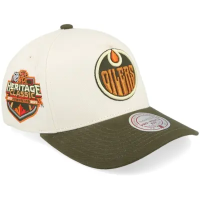 Mitchell&Ness - NHL Vit adjustable Keps - Hatstore Exclusive x Edmonton Oilers Pro Crown Sand/Dark Green A-frame Adjustable @ Hatstore