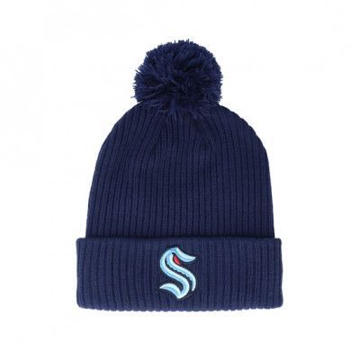 Fanatics - NHL Blå pom Beanie - Seattle Kraken Core Beanie Cuff Knit Navy Pom @ Hatstore