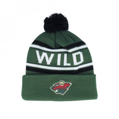 Outerstuff - NHL Grön pom Beanie - Kids Minnesota Wild Wild Wordmark Jacquard Cuff Beanie Fir Pom @ Hatstore