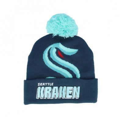 Mitchell&Ness - NHL Blå pom Beanie - Seattle Kraken Punch Out Knit Navy Pom @ Hatstore