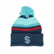 Mitchell&Ness - NHL Blå pom Beanie - Seattle Kraken Stripe Knit Navy/Teal Pom @ Hatstore