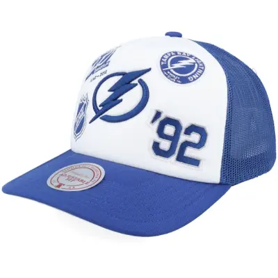 Mitchell&Ness - NHL Blå trucker Keps - Tampa Bay Lightning Gridlock White/Royal A-Frame Trucker @ Hatstore