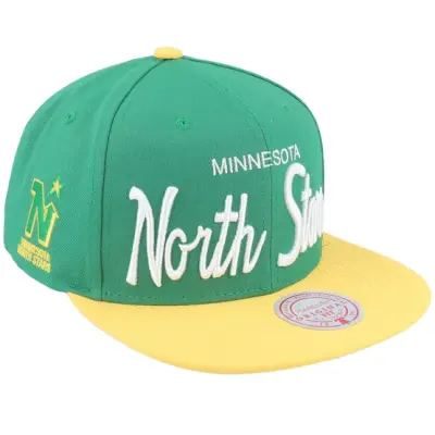 Mitchell&Ness - NHL Grön snapback Keps - Minnesota North Stars Vintage Script Green/Yellow Snapback @ Hatstore