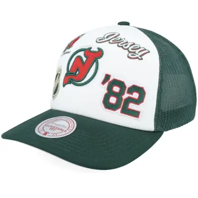 Mitchell&Ness - NHL Grön trucker Keps - New Jersey Devils Gridlock White/Green A-Frame Trucker @ Hatstore