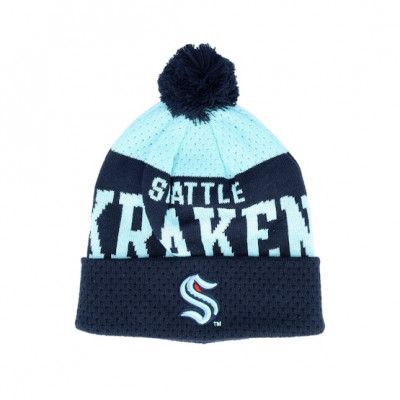 Outerstuff - NHL Blå pom Beanie - Kids Seattle Kraken Stretchark Knit Navy/Light Blue Pom @ Hatstore