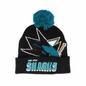 Mitchell&Ness - NHL Svart pom Beanie - San Jose Sharks Punch Out Knit Black Pom @ Hatstore