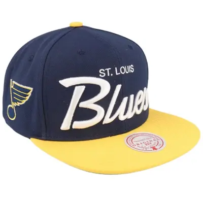 Mitchell&Ness - NHL Blå Keps - St. Louis Blues Vintage Script Blue/Yellow Snapback @ Hatstore