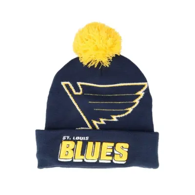 Mitchell&Ness - NHL Blå pom Beanie - St. Louis Blues Punch Out Knit Blue Pom @ Hatstore