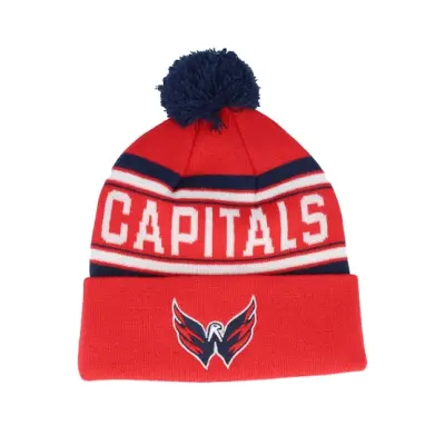 Outerstuff - NHL Röd pom Beanie - Kids Washington Capitals Wordmark Jacquard Beanie Red Pom @ Hatstore