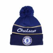 New Era - Football Blå pom Beanie - Chelsea Wordmark Stripe Cuff Bobble Royal Pom @ Hatstore