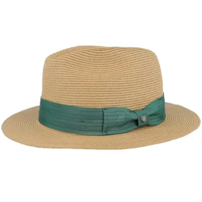 Brixton - Beige fedora Hatt - Roma Straw Packable Tan/Primal Green sFedora @ Hatstore