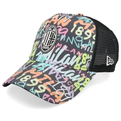 New Era - Football Multi trucker Keps - AC Milan Grafiti All Over Print Black A-frame Trucker @ Hatstore